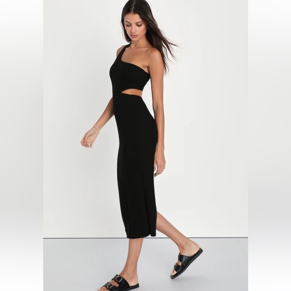 Lulus Black Ribbed One-Shoulder Cutout Midi Dress NWT - Picture 3 of 11